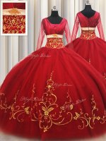 On Sale Square Red Long Sleeves Tulle Zipper Quinceanera Gowns for Military Ball and Sweet 16 and Quinceanera