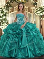 Artistic Floor Length Lace Up Quince Ball Gowns Turquoise for Military Ball and Sweet 16 and Quinceanera with Beading and Ruffles(SKU SJQDDT1452002-2BIZ)
