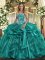 Artistic Floor Length Lace Up Quince Ball Gowns Turquoise for Military Ball and Sweet 16 and Quinceanera with Beading and Ruffles
