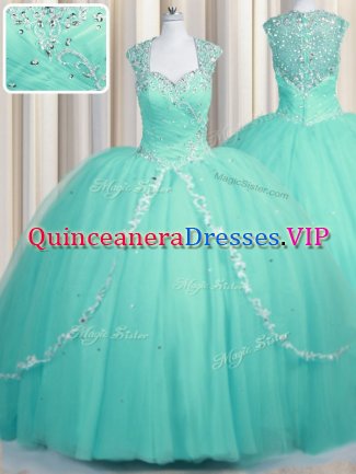 Top Selling Ball Gowns Cap Sleeves Aqua Blue Quinceanera Dress Brush Train Zipper