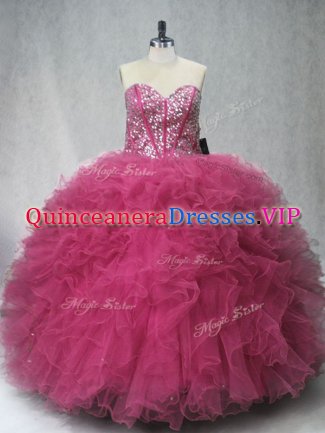 Coral Red Lace Up Quinceanera Dress Beading and Ruffles Sleeveless Floor Length
