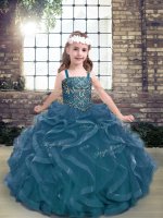 Superior Blue Lace Up Kids Pageant Dress Beading and Ruffles Sleeveless Floor Length(SKU PAG1246-4BIZ)