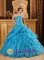 Burgos Spain Inexpensive Sky Blue Strapless Quinceanera Dress With Beading and Ruffles Decorate