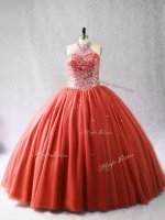 Fashionable Red Sleeveless Brush Train Beading Sweet 16 Dress