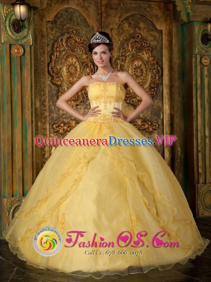 Key West Florida/FL Gorgeous Appliques Decorate Bodice Yellow Quinceanera Dress In New York Strapless Organza Ball Gown - Click Image to Close