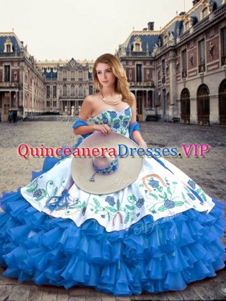 Blue And White Ball Gowns Organza and Taffeta Sweetheart Sleeveless Embroidery and Ruffled Layers Floor Length Lace Up Ball Gown Prom Dress