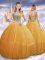Modest Gold Ball Gowns Tulle Spaghetti Straps Sleeveless Beading Floor Length Lace Up 15 Quinceanera Dress