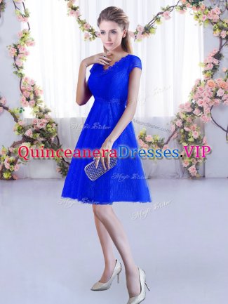 Fitting Royal Blue A-line Lace V-neck Cap Sleeves Lace Mini Length Lace Up Court Dresses for Sweet 16