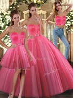 Coral Red Tulle Lace Up Sweetheart Sleeveless Floor Length Sweet 16 Quinceanera Dress Beading