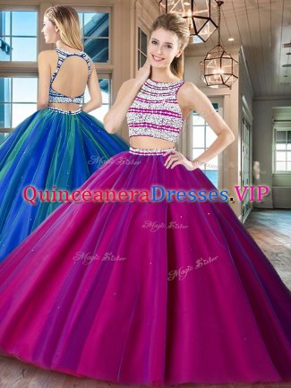 Beauteous Fuchsia Scoop Neckline Beading Quince Ball Gowns Sleeveless Backless