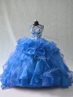 Blue Scoop Lace Up Beading and Ruffles Sweet 16 Dress Sleeveless