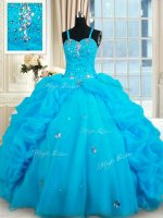 Straps Floor Length Baby Blue Ball Gown Prom Dress Organza Sleeveless Beading and Pick Ups