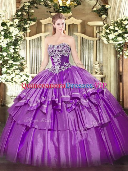 Purple Ball Gowns Strapless Sleeveless Organza and Taffeta Floor Length Lace Up Beading and Ruffled Layers Quinceanera Dresses - Click Image to Close
