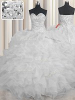 Affordable Organza Sweetheart Sleeveless Lace Up Beading and Ruffles Vestidos de Quinceanera in White