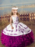 Sleeveless Floor Length Embroidery and Ruffles Lace Up Little Girl Pageant Dress with Fuchsia