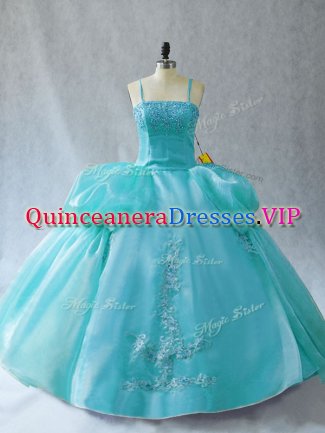 Floor Length Aqua Blue Ball Gown Prom Dress Straps Sleeveless Lace Up
