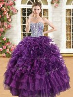 Comfortable Purple Sweetheart Neckline Beading and Ruffles and Ruffled Layers Ball Gown Prom Dress Sleeveless Lace Up