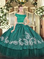 Teal Organza and Taffeta Zipper Off The Shoulder Short Sleeves Floor Length 15th Birthday Dress Embroidery