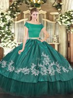 Teal Organza and Taffeta Zipper Off The Shoulder Short Sleeves Floor Length 15th Birthday Dress Embroidery(SKU SJQDDT1575002-3BIZ)