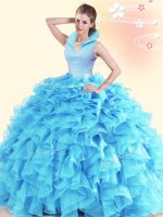 Aqua Blue Sleeveless Floor Length Beading and Ruffles Backless 15 Quinceanera Dress