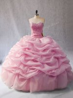Organza Sweetheart Sleeveless Lace Up Beading and Pick Ups 15th Birthday Dress in Pink