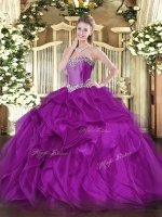 Suitable Purple Organza Lace Up Sweetheart Sleeveless Floor Length Sweet 16 Quinceanera Dress Beading and Ruffles