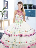 Ruffled Floor Length White 15 Quinceanera Dress Halter Top Sleeveless Lace Up