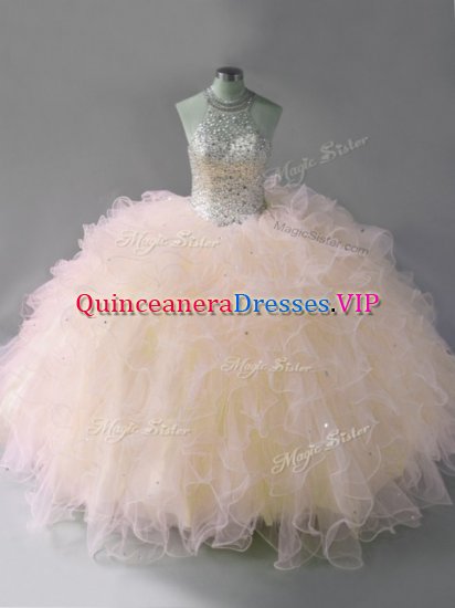 Popular Floor Length Pink Sweet 16 Dresses Halter Top Sleeveless Lace Up - Click Image to Close