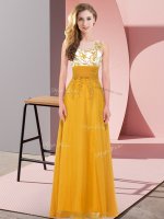 Exquisite Sleeveless Floor Length Appliques Backless Dama Dress for Quinceanera with Gold