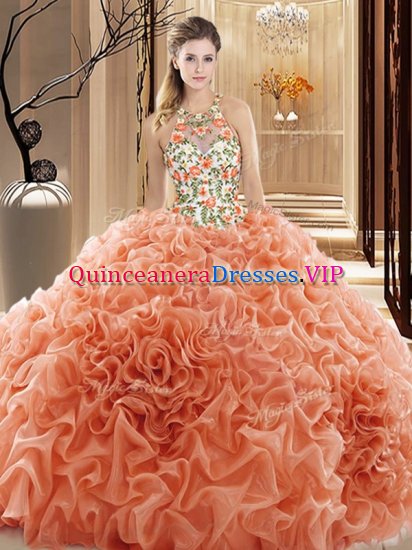 Backless Peach Ball Gown Prom Dress Organza Court Train Sleeveless Embroidery and Ruffles - Click Image to Close