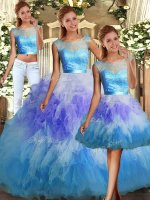 Modest Multi-color Tulle Backless Scoop Sleeveless Floor Length Quince Ball Gowns Lace and Ruffles
