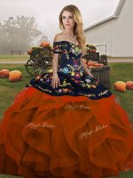 Popular Rust Red Lace Up Off The Shoulder Embroidery and Ruffles Sweet 16 Quinceanera Dress Tulle Sleeveless