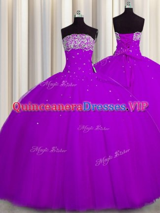 Really Puffy Purple Sleeveless Tulle Lace Up Quinceanera Dresses for Military Ball and Sweet 16 and Quinceanera