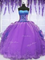 Purple Ball Gowns Organza Strapless Sleeveless Embroidery and Ruffles Floor Length Lace Up Quinceanera Dresses(SKU PSSW060-8BIZ)