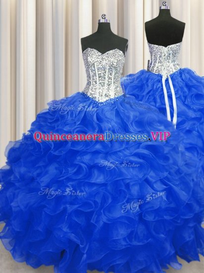 Deluxe Royal Blue Lace Up Quince Ball Gowns Beading and Ruffles Sleeveless Floor Length - Click Image to Close