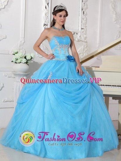 Benahavis Spain Fashionable Aqua Blue Christmas Party Dress With Strapless Neckline Flowers Decorate On Organza - Click Image to Close