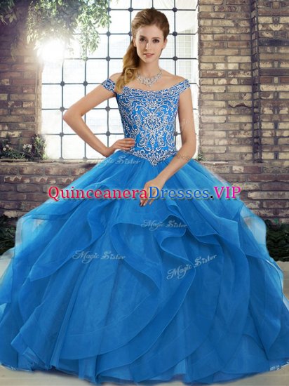 Blue Tulle Lace Up 15th Birthday Dress Sleeveless Brush Train Beading and Ruffles - Click Image to Close
