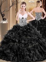 Cheap Sleeveless Floor Length Ruffles Lace Up Quinceanera Gown with Black