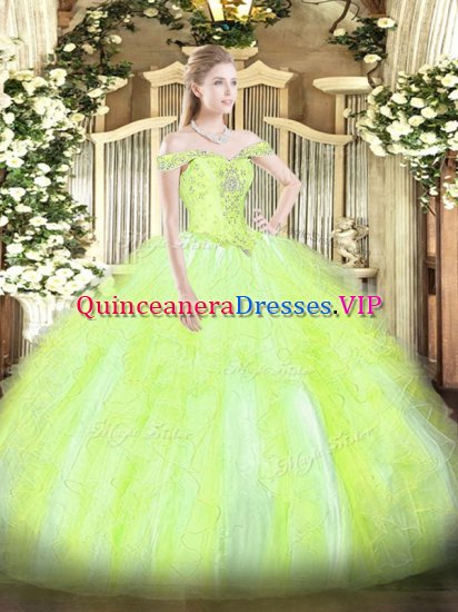 Best Floor Length Ball Gowns Sleeveless Yellow Green Quince Ball Gowns Lace Up - Click Image to Close