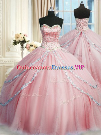 Sweetheart Sleeveless Tulle Quinceanera Gowns Beading and Appliques Court Train Lace Up - Click Image to Close