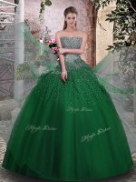 Perfect Dark Green Ball Gowns Strapless Sleeveless Tulle Floor Length Lace Up Beading Military Ball Gown
