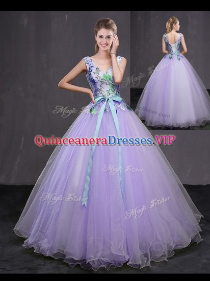 Affordable Floor Length Lace Up Sweet 16 Quinceanera Dress Lavender for Military Ball and Sweet 16 and Quinceanera with Beading and Belt - Click Image to Close