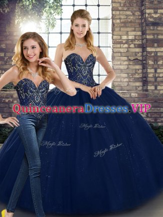 Luxury Navy Blue Two Pieces Beading Sweet 16 Dresses Lace Up Tulle Sleeveless Floor Length