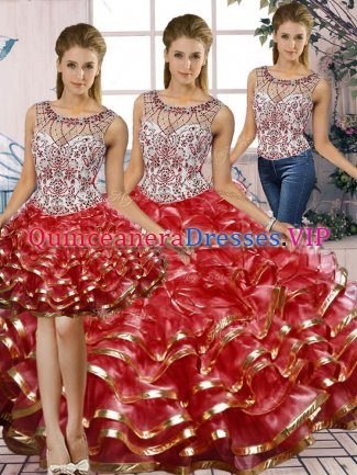 Red Three Pieces Scoop Sleeveless Organza Floor Length Lace Up Beading and Ruffles Vestidos de Quinceanera