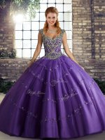 Purple Ball Gowns Beading and Appliques Quinceanera Gowns Lace Up Tulle Sleeveless Floor Length(SKU SJQDDT2137002-3BIZ)