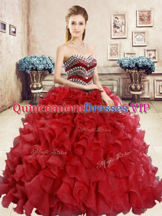Excellent Red Ball Gowns Beading and Ruffles Vestidos de Quinceanera Lace Up Organza Sleeveless Floor Length