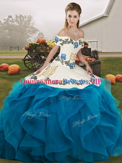 Decent Off The Shoulder Sleeveless Sweet 16 Dresses Floor Length Embroidery and Ruffles Blue And White Tulle - Click Image to Close
