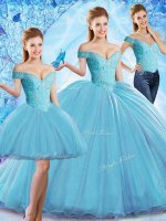 Graceful Baby Blue 15th Birthday Dress Organza Sweep Train Sleeveless Beading