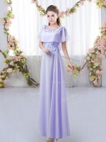 Hot Sale Lavender Empire Chiffon Scoop Short Sleeves Appliques Floor Length Zipper Court Dresses for Sweet 16