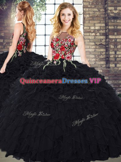 Stylish Sleeveless Organza Floor Length Zipper Ball Gown Prom Dress in Black with Embroidery and Ruffles - Click Image to Close